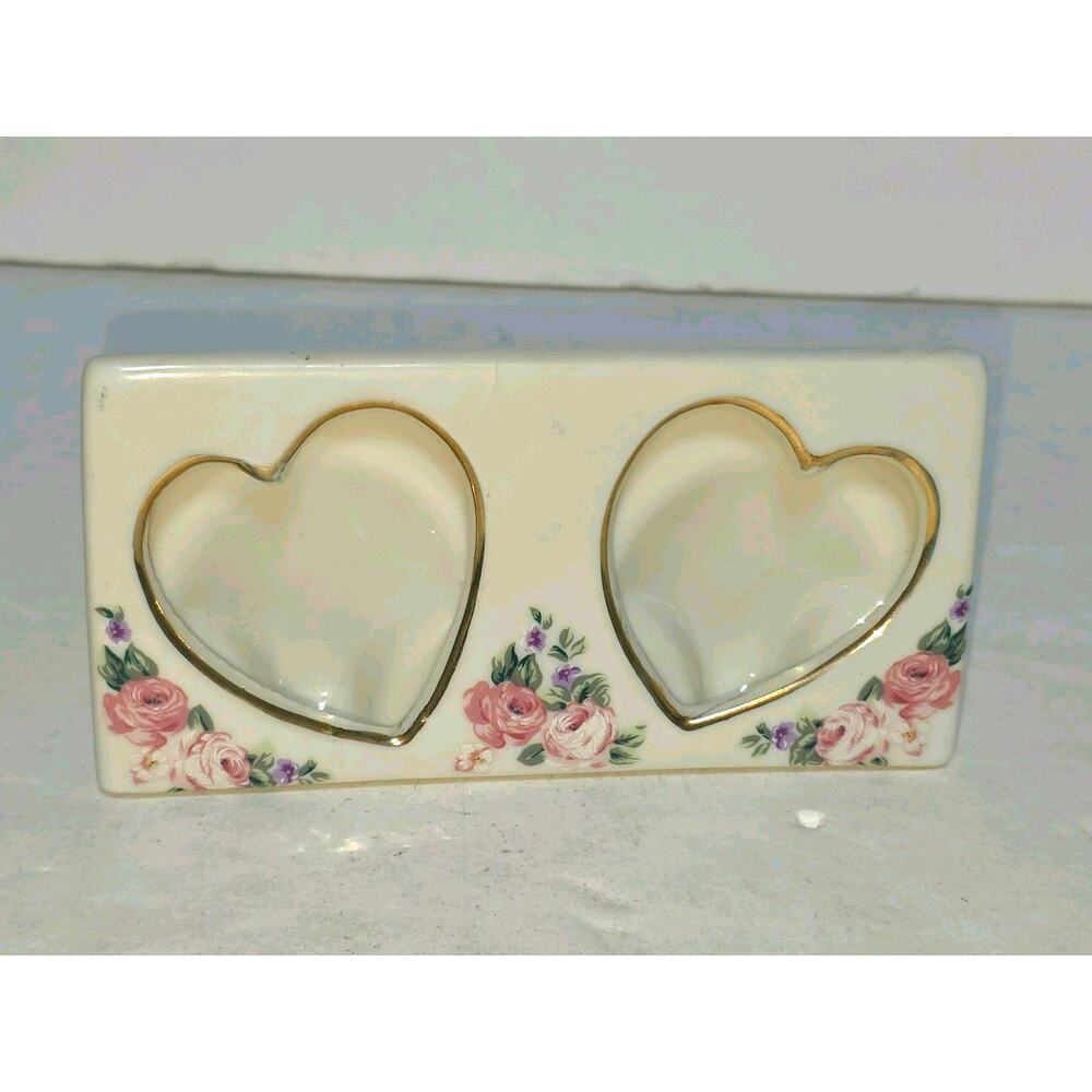Vintage Porcelain Picture Frame Double Heart Floral Photo Display Decor 1980's